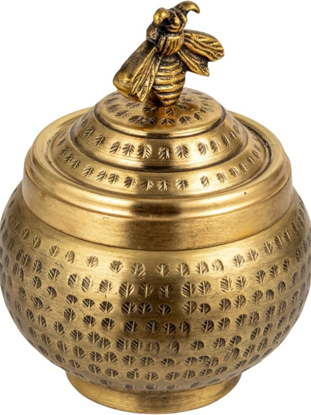 Stylish Round Hammered Metal Container with Bee Finial, Brass Finish Decor